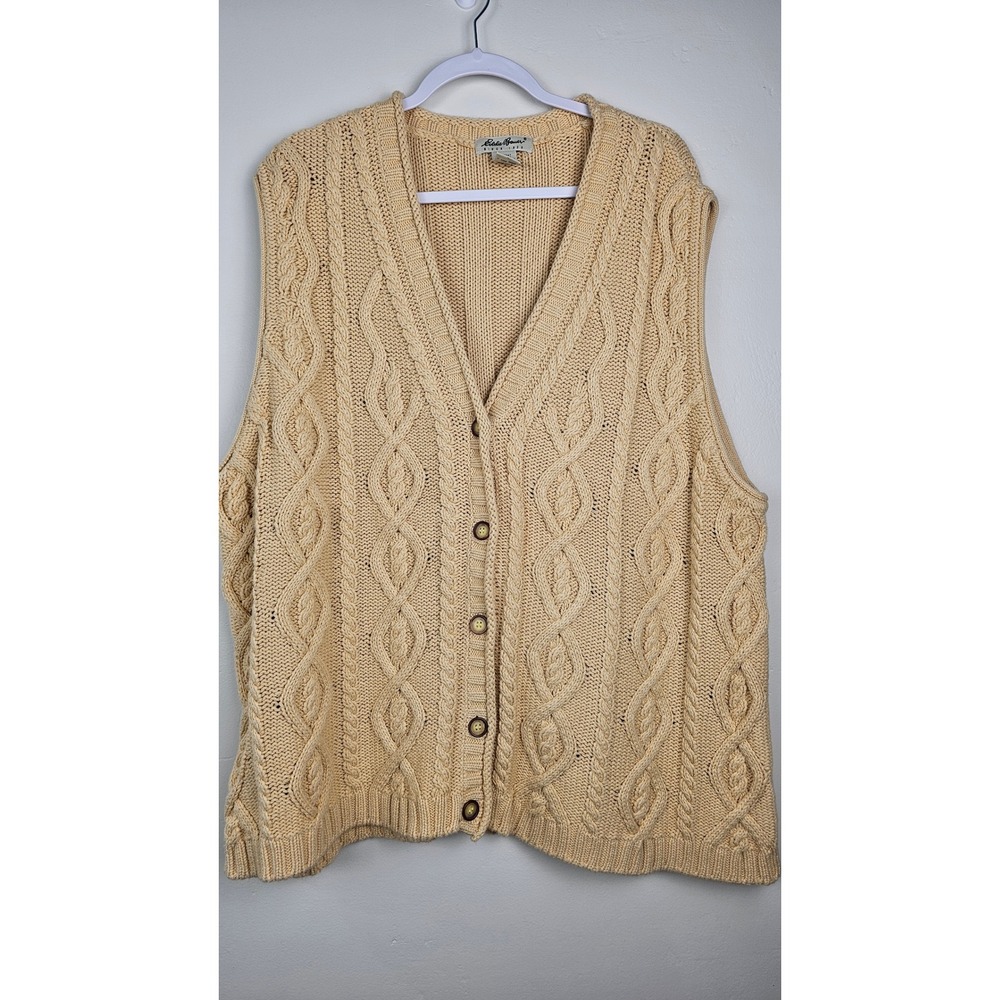 Eddie Bauer Sweater Vest Womens XXL Yellow Cardigan Cable Knit Cotton Sleeveless